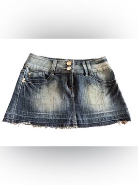 Tres Chic Vintage Y2K Fringe Denim Mini Skirt Distressed With Bling Crystal SZ 3